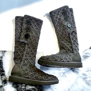Tall UGG gray three button waffle knit boots Fold up or down worn tall or short